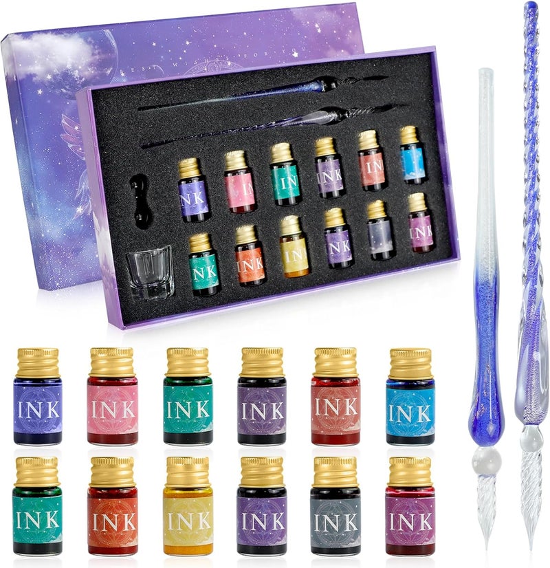 PDCTACST Glass Dip Pen Ink Set, 16pcs Fountain Calligraphy Pens Set, 2 Crystal Signature Glass Pen, 12 Gold Powder Drawing Ink Drip Tool for Art Writing Signatures Beginners Valentines Day Gift - Image 1